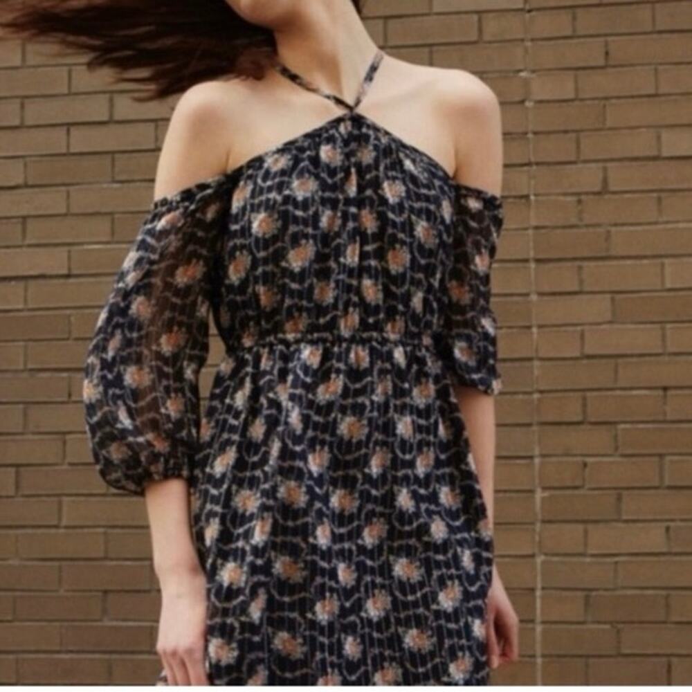 Club Monaco Dark Blue Floral Boho Off Shoulder Romantic Silk Midi Dress Size 6